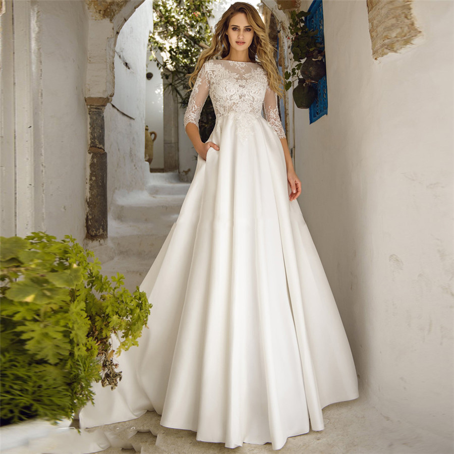 Lace Quarter Sleeves A-Line Wedding Dresses 2020 Simple Court Train Long Bridal Gowns Modest Robe De Mariee Custom Plus Size, Champagne
Lace Quarter Sleeves A-Line Wedding Dresses 2020 Simple Court Train Long Bridal Gowns Modest Robe De Mariee Custom Plus Size, Champagne