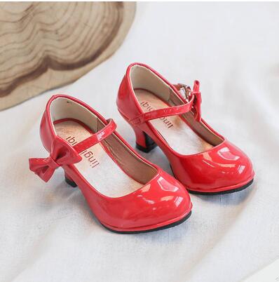 New hot princess leather dance shoes girls party bow shoes shiny Solid Red color high-heeled fashion leather for kids