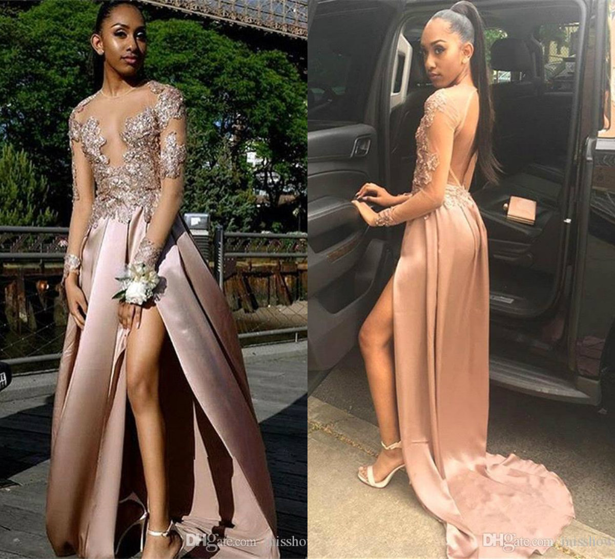 2019 Side Split Prom Dresses Jewel Neck Lace Appliqued A Line Long Sleeve Sexy Evening Gowns Sweep Train Backless Party Dress, Light yellow
2019 Side Split Prom Dresses Jewel Neck Lace Appliqued A Line Long Sleeve Sexy Evening Gowns Sweep Train Backless Party Dress, Light yellow