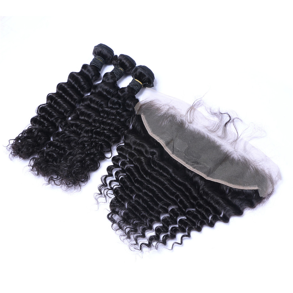 Brazilian Deep Wave Human Hair Weaves 30 32 34 36 38 40 inch 4 Bundles with Closure Double Weft Dyeable Bleachable 100g/pc