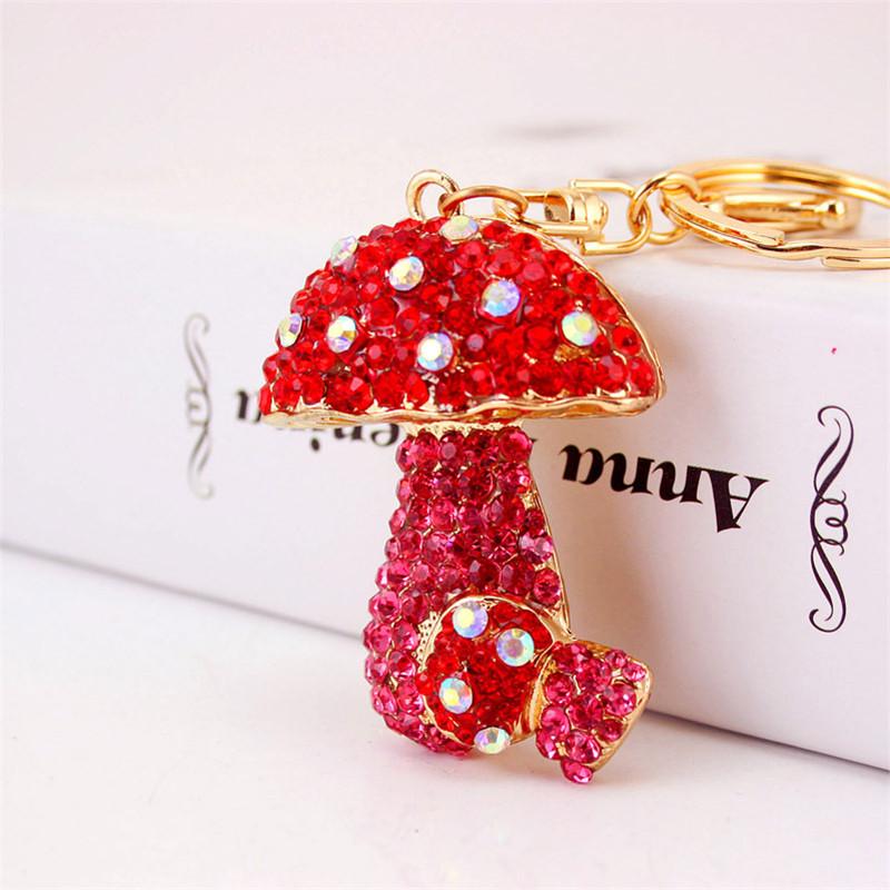 Cute Mushroom Shape Keychain Rhinestone Crystal Alloy Pendant Car Key Chain Ornament Handbag Decor Fashion Key Rings Free Shipping
