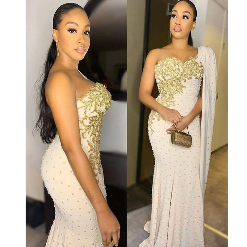 2020 Arabic Aso Ebi Luxurious Lace Pearls Prom Dresses One Shoulder Mermaid Evening Dresses Sexy Formal Party Second Reception Gowns