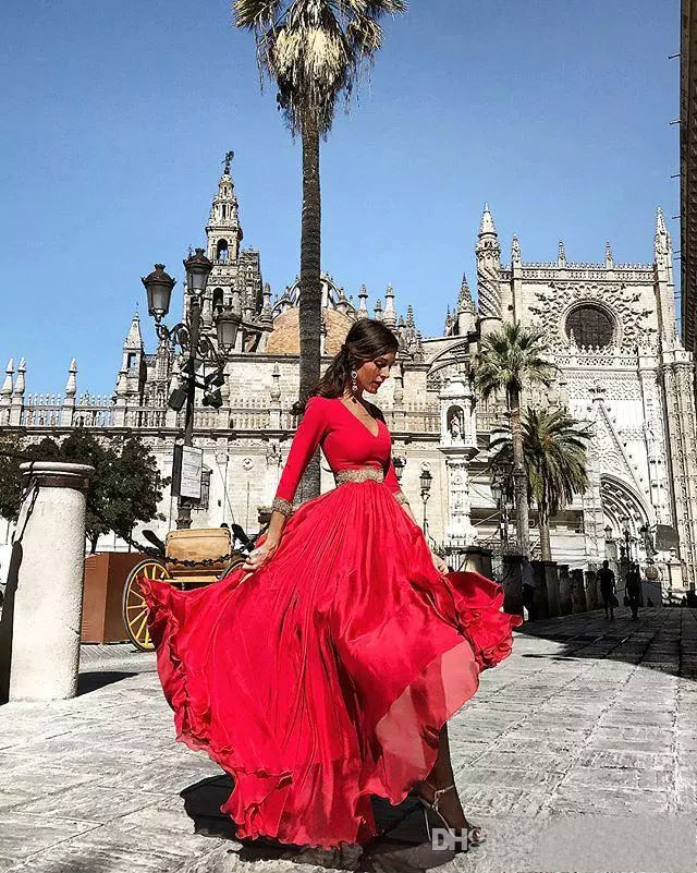 A Line Chiffon Prom Dresses Red 3/4 Long Sleeves Floor Length Evening Gowns With Side Split Pageant Dress Women Formal Wear
