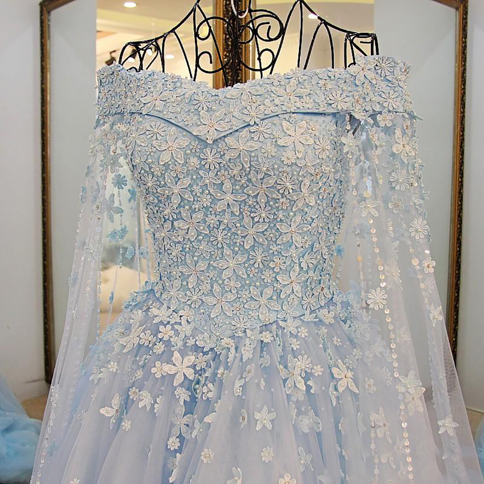 Blue Off The Shoulder Wedding Dresses with Detachable Cape Beaded Pearls Applique Elegant Lace Up Back Bridal Wedding Gowns Real Photo