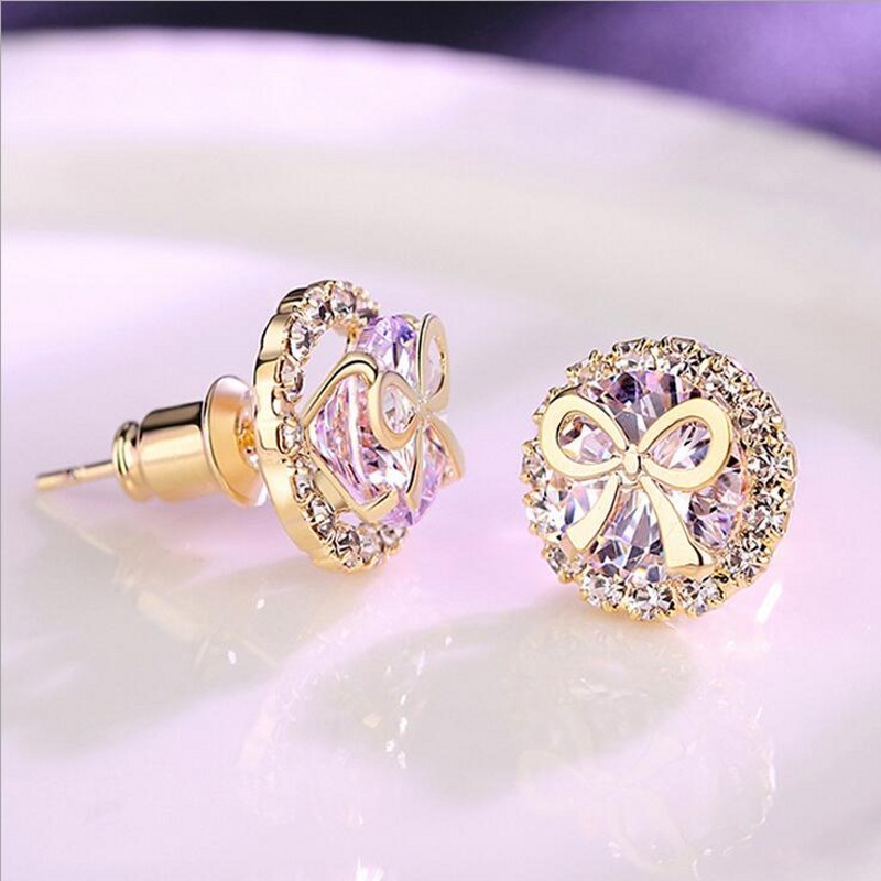 Sterg Sier Gold Filled Round Cubic Zirconia Stud Earrings for Women
