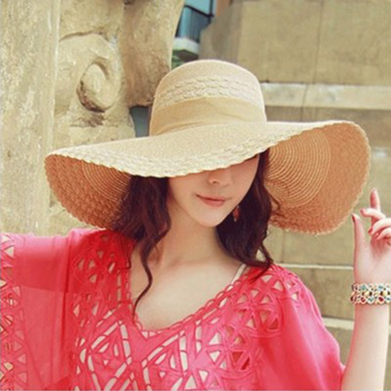 2020 New Wide Brim Summer Hats For Women Vacation Leisure Beach Hat Ribbon Bow Sun Visor Straw Hat Panama Woman's Sun Caps T200104