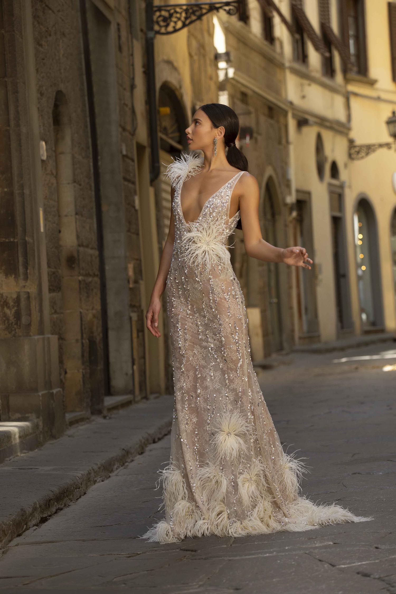 2020 Berta Beaded Prom Dresses Deep V Neck Lace Sequins Feather Sexy Backless Mermaid Evening Gowns Sweep Train Formal Party Dress