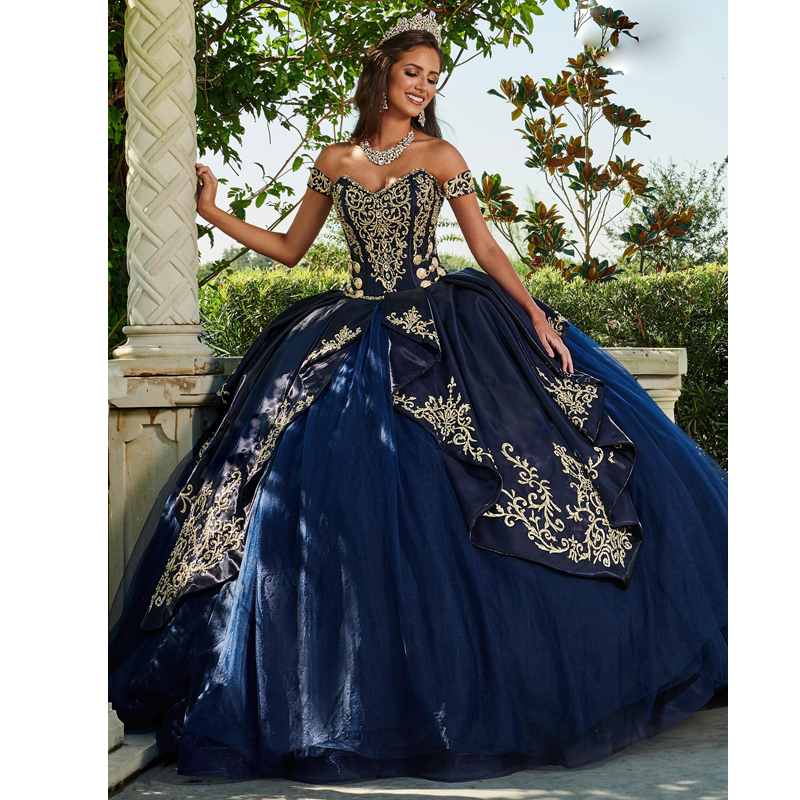 Amazing Navy Blue Quinceanera Prom Dresses Gold Embroidery Appliques Off the Shoulder Sweet 16 Dress Ball Gown Tulle Girls Pageant Dress, Chocolate
Amazing Navy Blue Quinceanera Prom Dresses Gold Embroidery Appliques Off the Shoulder Sweet 16 Dress Ball Gown Tulle Girls Pageant Dress, Chocolate