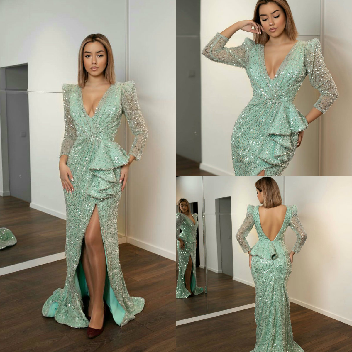 2019 Mint Green Prom Dresses V Neck Lace Sequined Side Split Sweep Train Sexy Evening Dress Plus Size Long Sleeve Mermaid Party Gowns, Fuchsia
2019 Mint Green Prom Dresses V Neck Lace Sequined Side Split Sweep Train Sexy Evening Dress Plus Size Long Sleeve Mermaid Party Gowns, Fuchsia