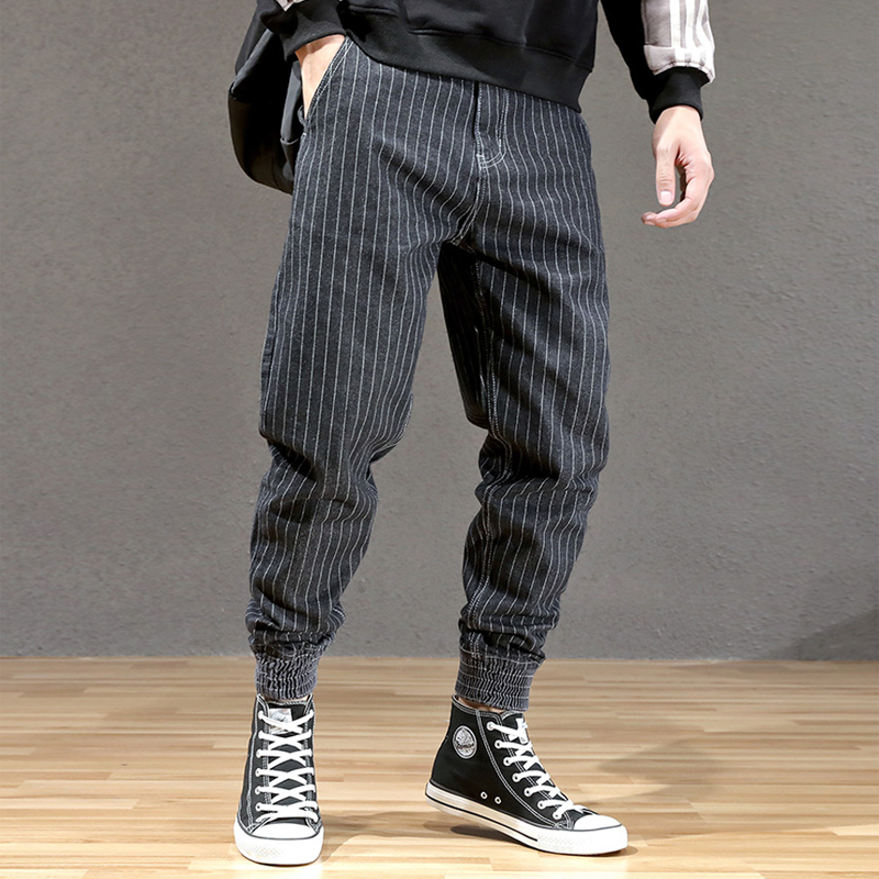Japanese Style Fashion Men Jeans Stripe Designer Loose Fit Cargo Pants hombre Slack Bottom Streetwear Hip Hop Joggers Jeans Men