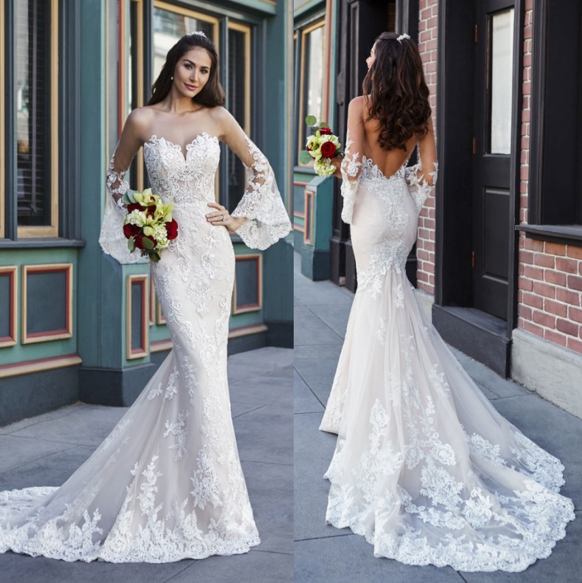 Lace Elegant Mermaid Backless Wedding Dresses Sheer Bateau Neck Long Sleeves Bridal Gowns Sweep Train Tulle Robe De Marie