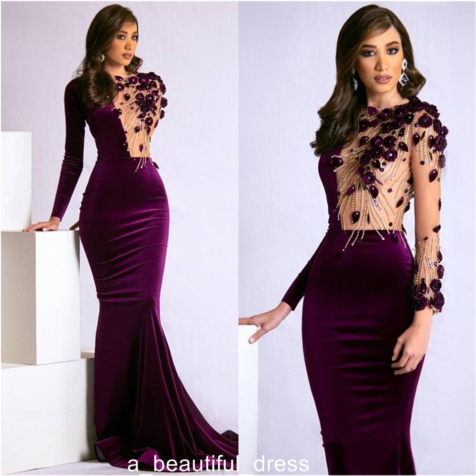 Purple Velvet Mermaid Evening Party Dresses with Long Sleeve Sexy See Through Beaded 3D Floral Arabic Occasion Prom Dress ED1132