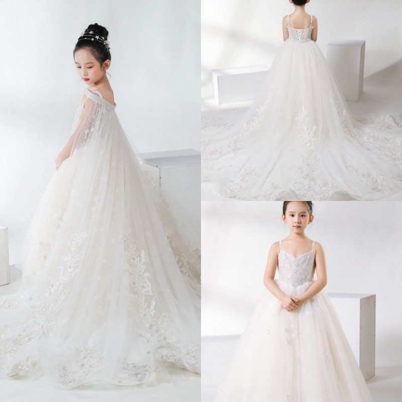 2019 Cute White Flower Girls' Dresses For Wedding Applique Tulle Princess Pageant Dress Floor Length First Holy Communion Dresses 2 pieces