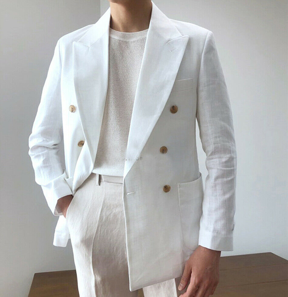 White Linen Men Tuxedos Groom Wedding Suits Peaked Lapel Beach Best Man Wear Slim Fit Prom Party Blazer Jacket Only One Piece