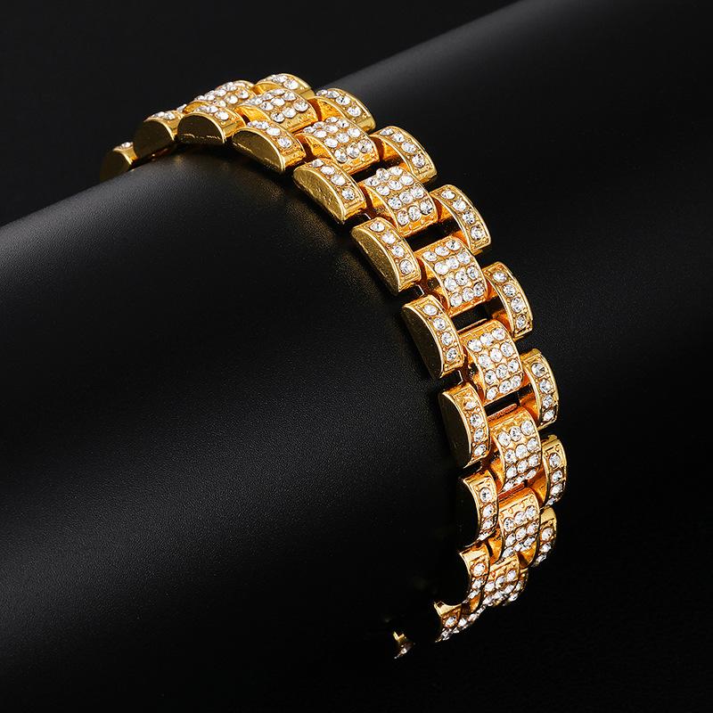 Full Diamond Mens Watch Band Bracelet 18k Gold Bling Rhinestone Hip Hop Iced Out Bangle Bracelets Rapper Chains Wristband Luxury Jewelry Gifts for Guys for Sale