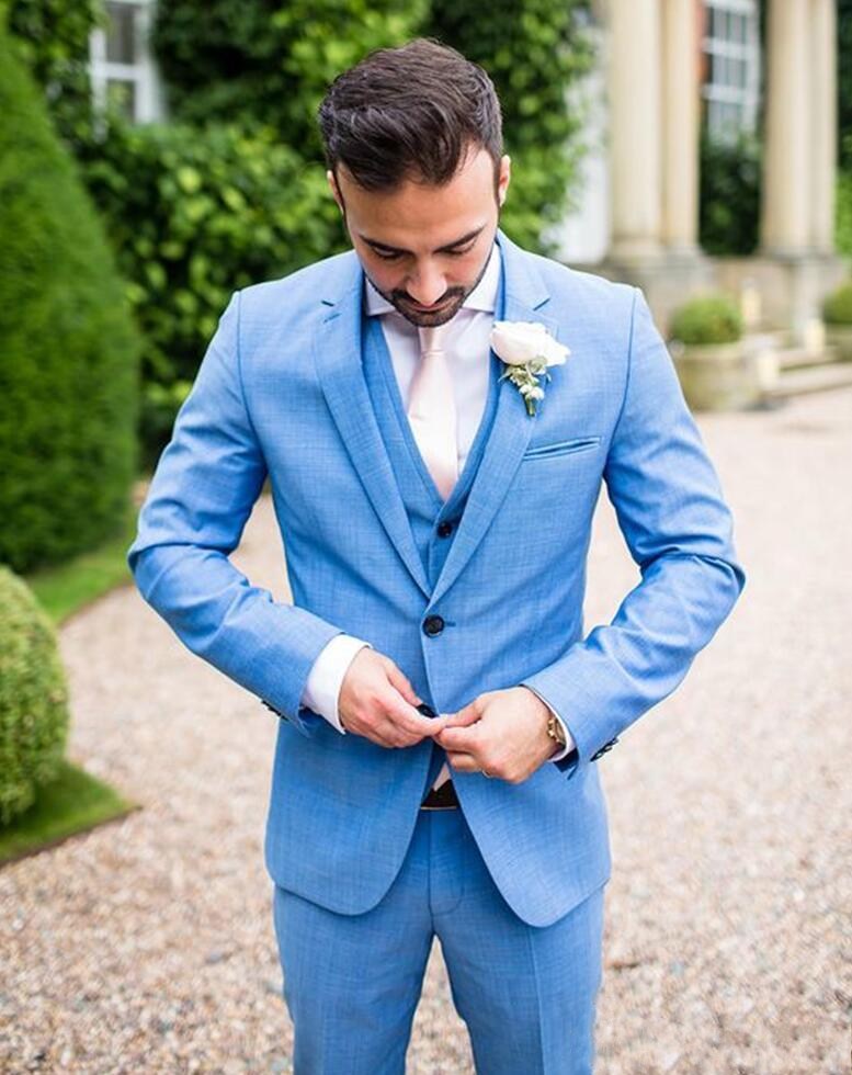 Latest Design Two Buttons Blue Wedding Men Suits Notch Lapel Three Pieces Business Groom Tuxedos (Jacket+Pants+Vest+Tie) W1121