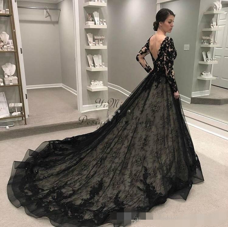 V Neck Black Prom Dresses Lace Applique Long Sleeves Sweep Train Tulle Custom Made Formal Evening Party Gowns
