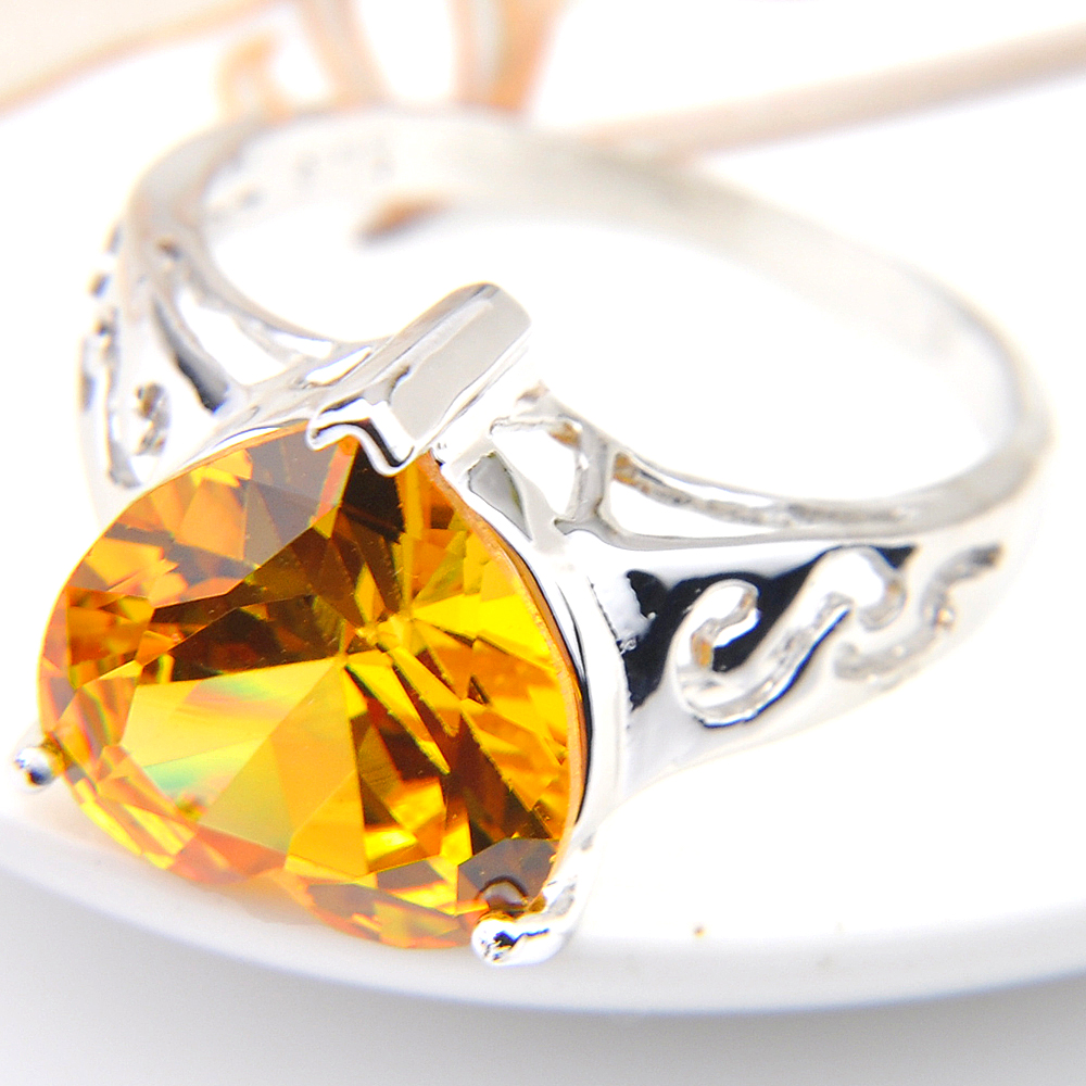 5pcs Lot Wholesale Solitaire Engagement Jewelry Heart Yellow Citrine Gems Gems 925 Sterling Silver Plated For Women Rings US Size 7 8 9