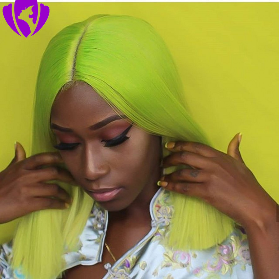 Fluorescent Green Short simulation Human Hair Wigs 613/Red/Blue/Black/Green/Purple/Pink Wig Ombre synthetic Lace Front Wig for women