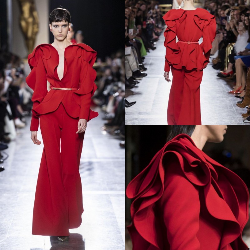 Red Jumpsuits Elie Saab 2019 Evening Dresses Ruffles Long Sleeve Prom Gowns Simple Satin Floor Length Party Dress