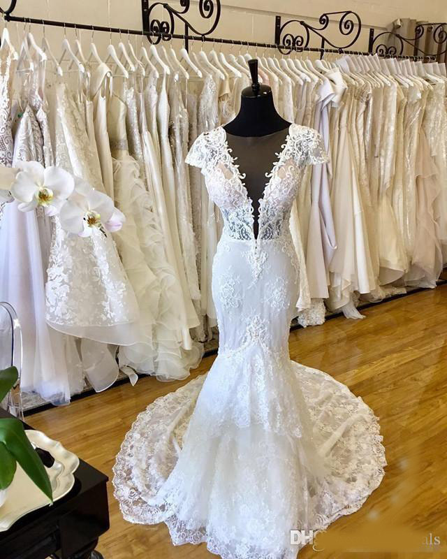 Custom Made Lace Mermaid Wedding Dresses Real Picture 2020 Plunging V Neck See Through Backless Bridal Gowns with Court Train