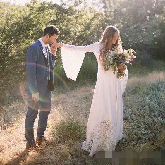 Boho Country Dresses Lace V Neck Long Poet Sleeves Custom Made Beach Wedding Bridal Gown Plus Size Vestido De Novia Estido