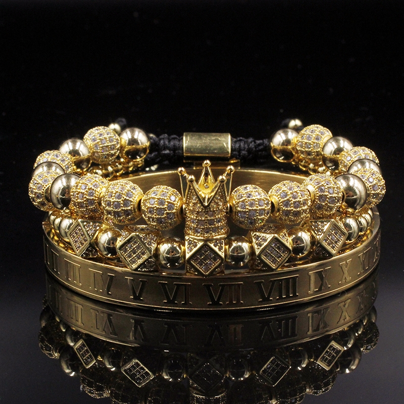 3pcs/set Men Bracelets Luxury Crown Charm Micro Pave CZ Round Braided Macrame Bracelet Pulseira Feminina Handmade Jewelry Women Gift Valentine's 