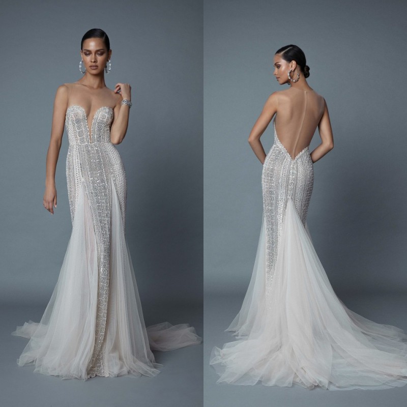 2019 Berta Mermaid Evening Dresses Sexy Illusion Jewel Neck Full Lace Long Formal Prom Gowns Sheer Backless Dress Party Vestidos De Fiesta