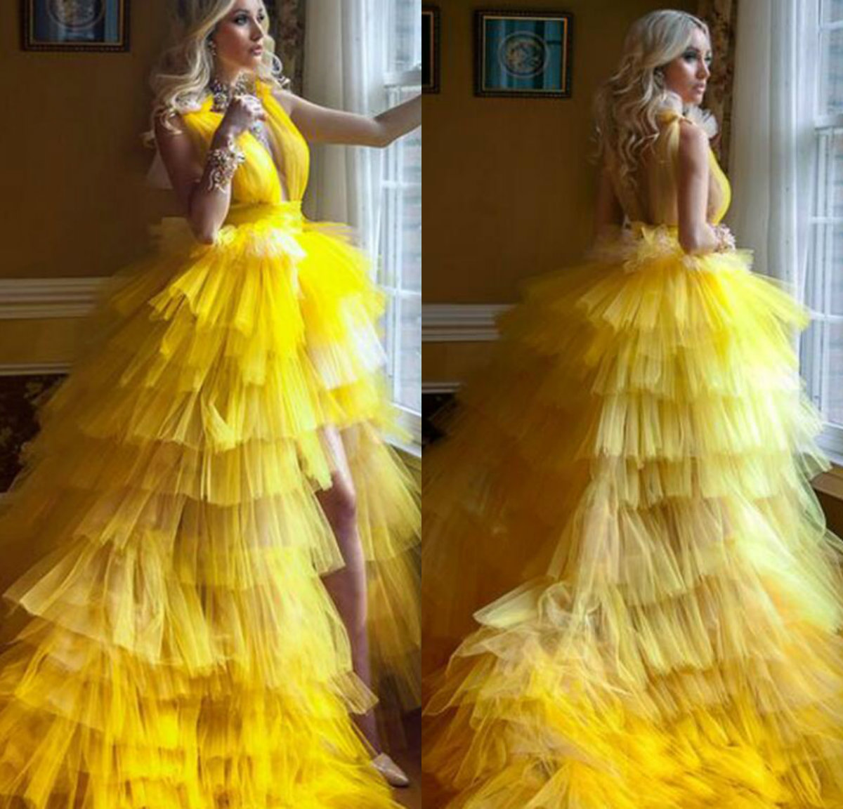 Fashion Yellow Evening Dresses A Line Tiered Skirts High Side Split Prom Dress Sweep Train Deep V Neck Special Formal Party Gowns, Gold
Fashion Yellow Evening Dresses A Line Tiered Skirts High Side Split Prom Dress Sweep Train Deep V Neck Special Formal Party Gowns, Gold