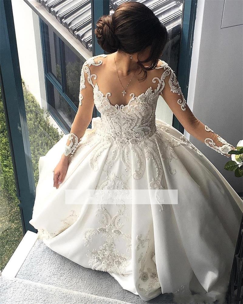 Vintage Illusion Long Sleeves Wedding Gowns Dress Lace Applique Beaded Sheer Neck Backless Ruffled Long Train Satin Bridal Gown