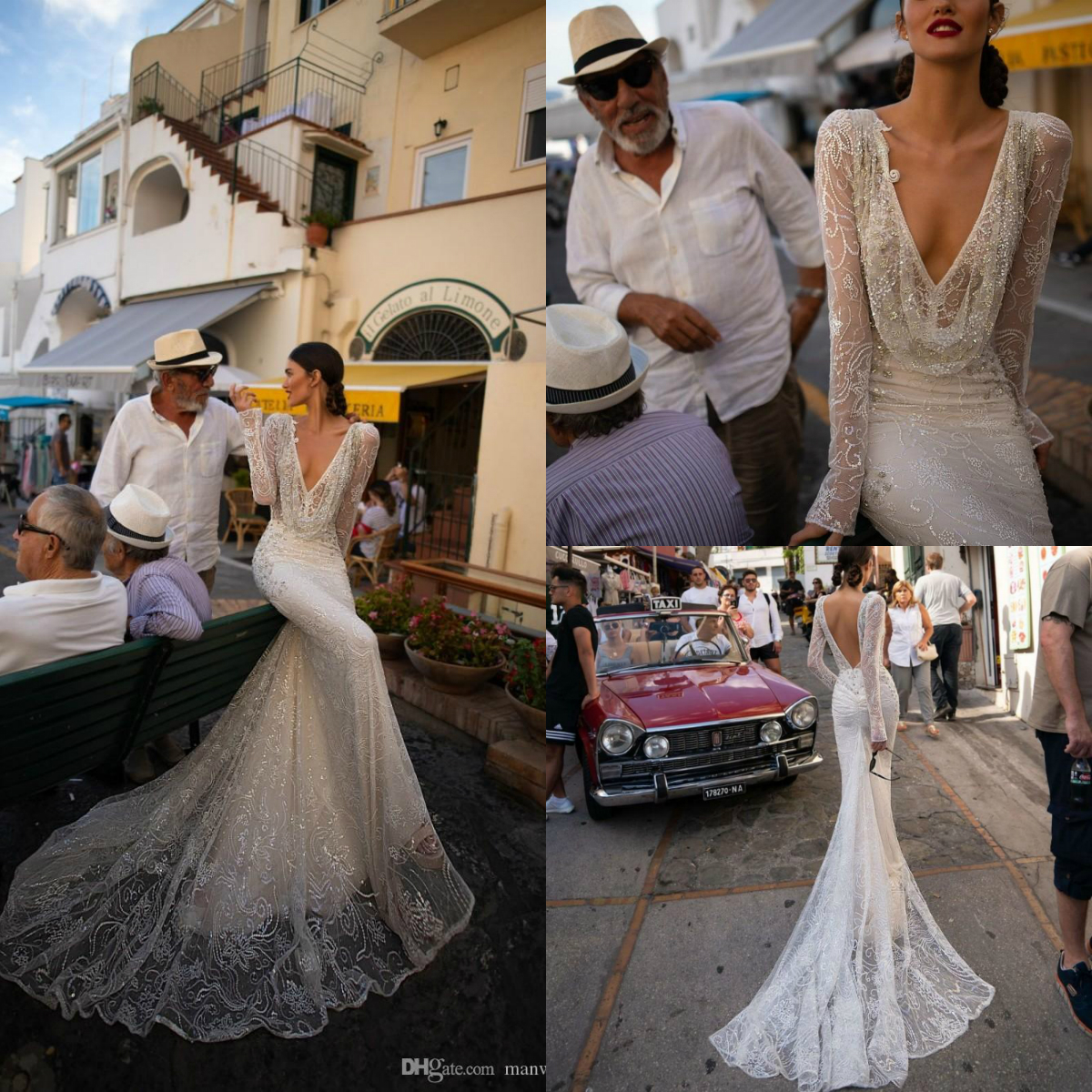 Inbal Dror 2020 Mermaid Wedding Dresses Beaded Lace Appliqued Long Sleeve Wedding Dress Bridal Gowns Deep V Neck robes de soirée