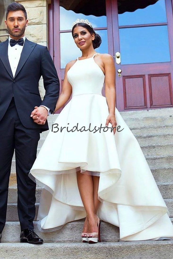 Middle East High Low Wedding Dresses Sleeveless Elegant Front Short Back Long Country Wedding Dress Plus Size Spring Asymmetric Bridal Gown