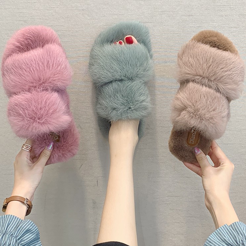 2019 New Winter Soft Furry Slippers Warm Flip Flops Flat Bedroom House Home Indoor Slippers Plush Cute Slippers Women Fur Slides Y200106