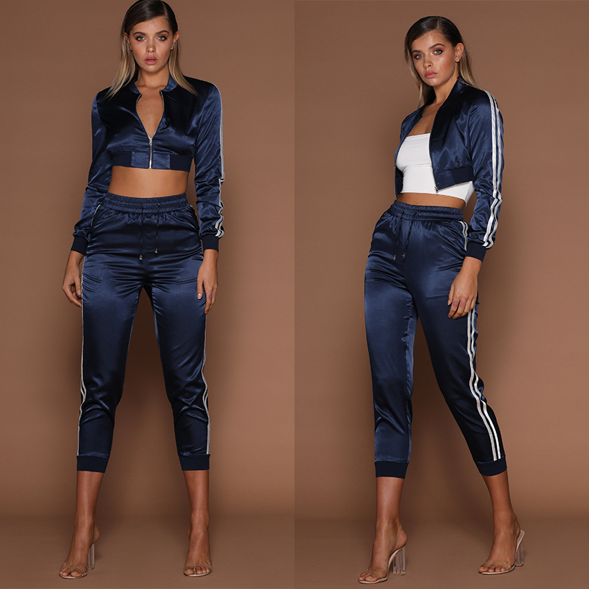 hot sale Autumn Winter Satin Sets Women Zipper Side Stripe Crop Tops Drawstring Calf Length Pants Sexy Workout Tracksuits