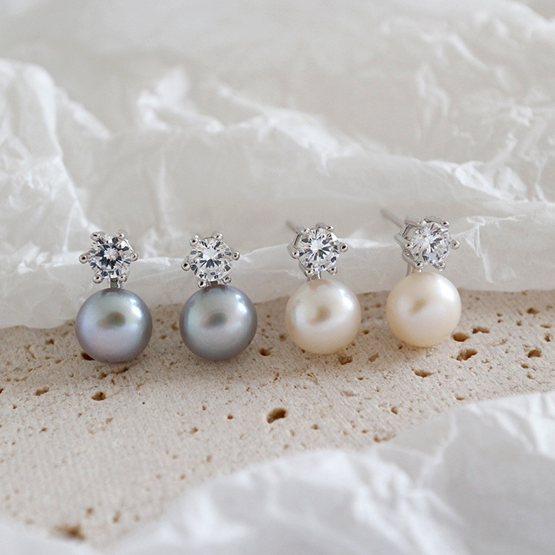 100% 925 Sterling Silver Zircon Earrings For Women Natural Freshwater Pearl Stud Earring Female Silver Fine Jewelry