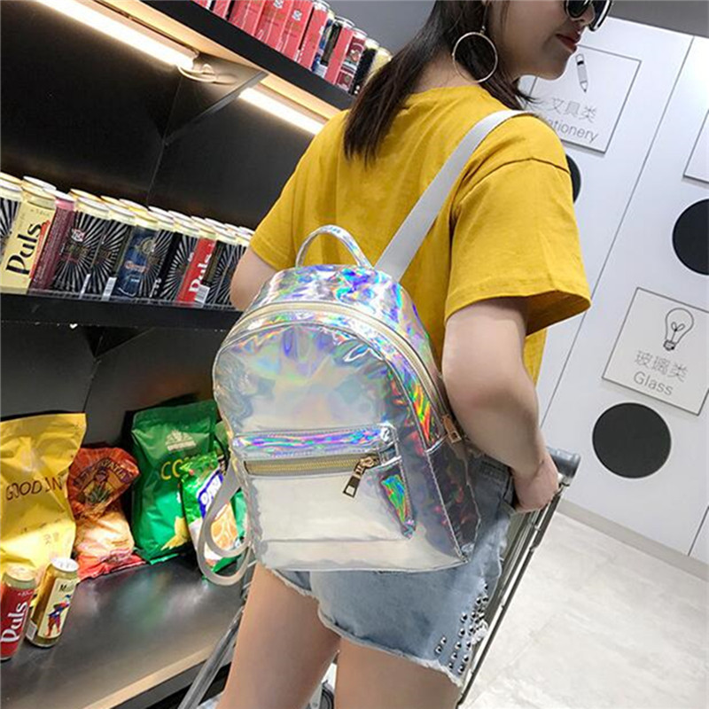 AEQUEEN Silver Hologram Laser Bagpack Women Pink Holographic Backpack Leather Samll Travel School Bag Rucksacks For Teenage Girl Y18110202
