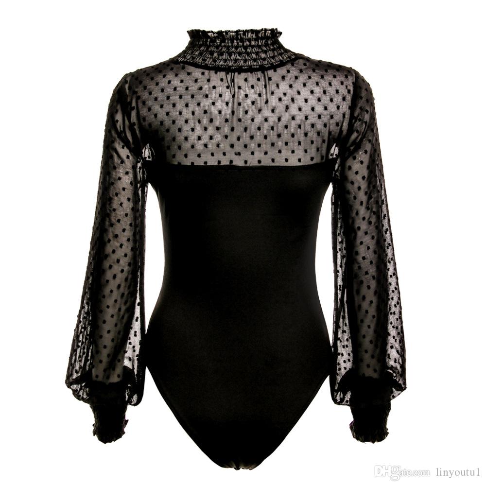 New 2020 Summer Bodysuit Women Sexy Neck Patchwork Long Sleeve Back Ladies Lace Mesh Bodysuit Transparent Tops