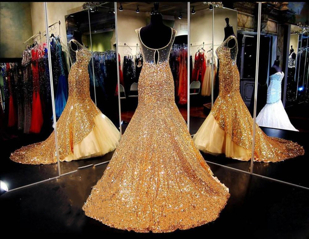 Glitter Gold Sequined Mermaid Prom Dresses Crystals Beaded Illusion Back Sparkly Formal Trumpet Evening Gowns Sweep Train Vestidos de soriee