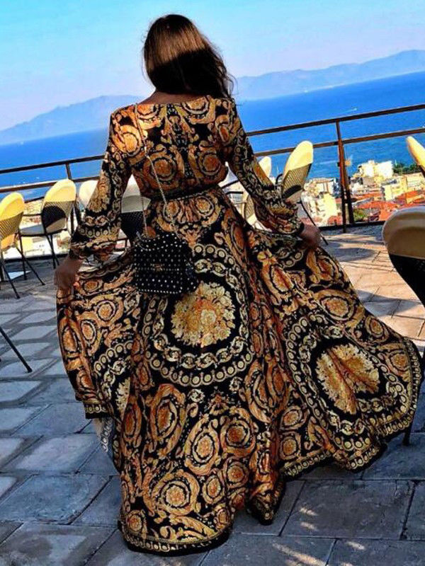 Style Fashion Elegant Women Sexy Boat Neck Glitter Deep V Print Party Dress Formal Long Clubwear1