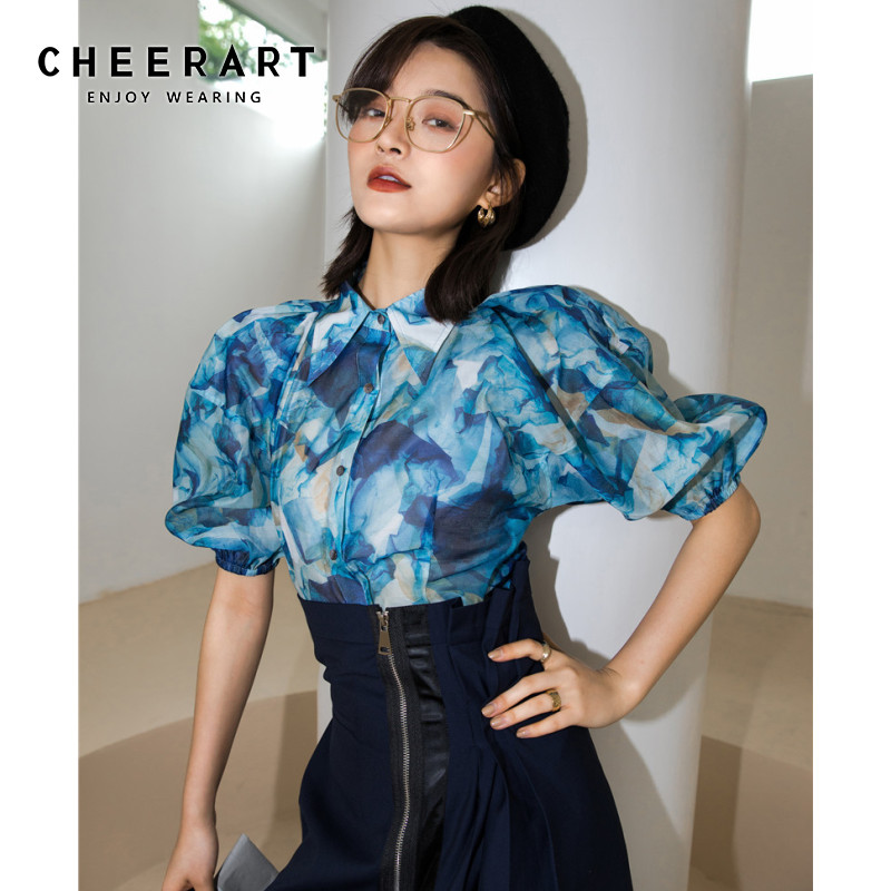 CHEERART Designer Lantern Sleeve Blouse Women Summer Blue Abstract Print Button Up Vintage Shirt Short Sleeve Blouse Ladies Top, As pic
CHEERART Designer Lantern Sleeve Blouse Women Summer Blue Abstract Print Button Up Vintage Shirt Short Sleeve Blouse Ladies Top, As pic
