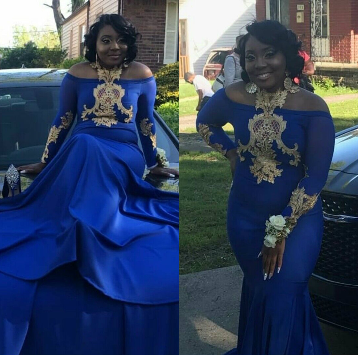 Plus Size Royal Blue Evening Dresses With Gold Lace Appliqued Off The Shoulder Mermaid Prom Dress Sweep Train Long Custom Made Formal Gowns, Water melon
Plus Size Royal Blue Evening Dresses With Gold Lace Appliqued Off The Shoulder Mermaid Prom Dress Sweep Train Long Custom Made Formal Gowns, Water melon