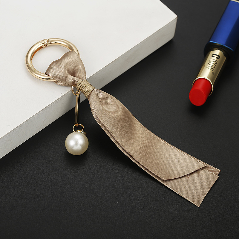 Handmade Fashion Women's Bag Jewelry Pendant Car Key Ring Pearls Detachable Korean Ribbon DIY Accessories Silk Keychain Gift