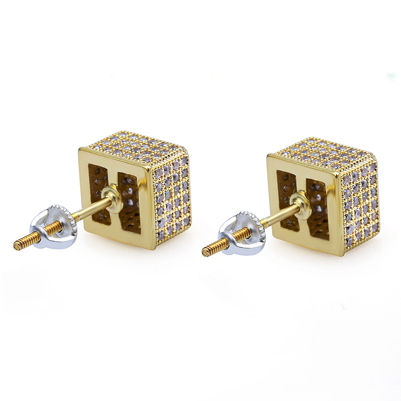 Geometric Fashion Earrings for Men  Gold-Plated Square Studs with White Zircon Stones
