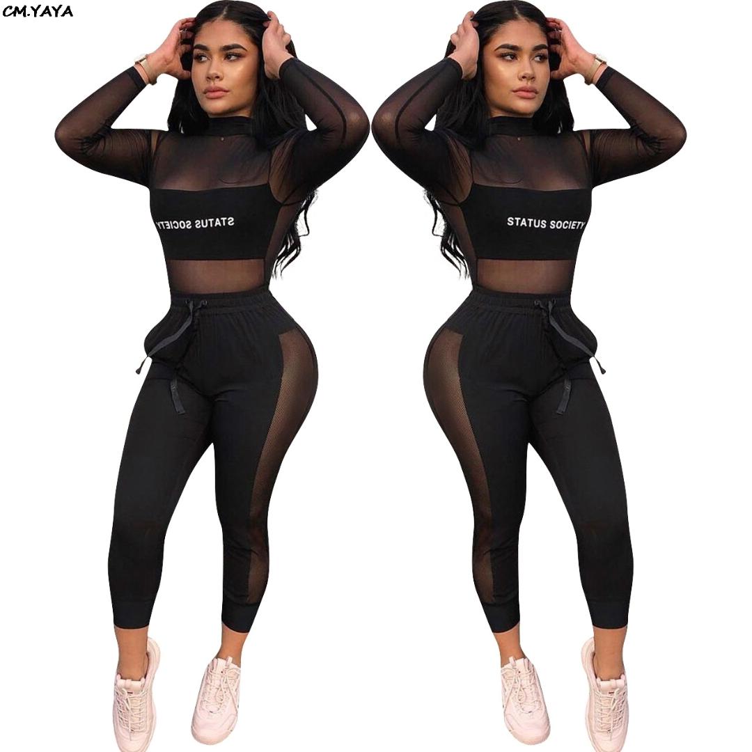 2019 new women spring long sleeve mesh patchwork letter print pencil pants two piece set sporty tracksuit outfit overalls Y8035