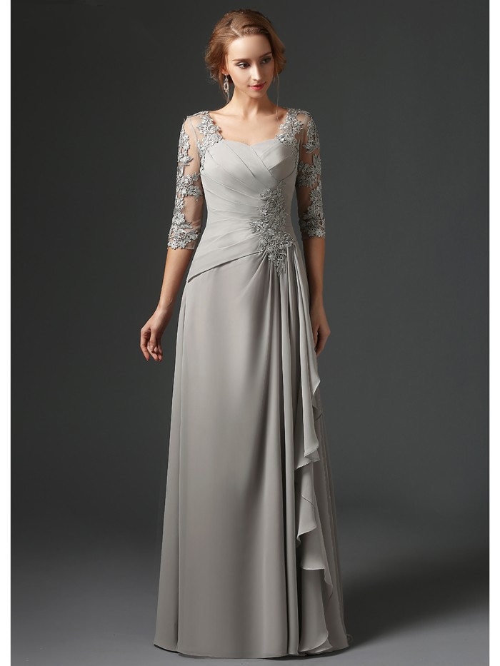 New Silver 2024 Mother Of The Bride Dresses A-line Half Sleeves Chiffon Lace Plus Size Long Elegant Groom Wedding Party Gown
