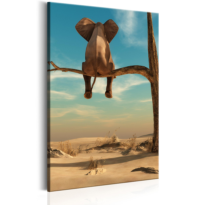 Unframed 1 Panel Large HD Printed Canvas Print Painting Elephant in Creative Desert Sits on Tree Looking at Scenery Home Decoration Wall Pic