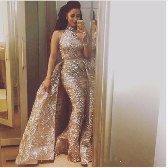 2020 Yousef Aljasmi Dubai Arabic Evening Dresses Prom Gowns Overskirt Detachable Train Champagne Mermaid Lace Applique Party Dress High Neck