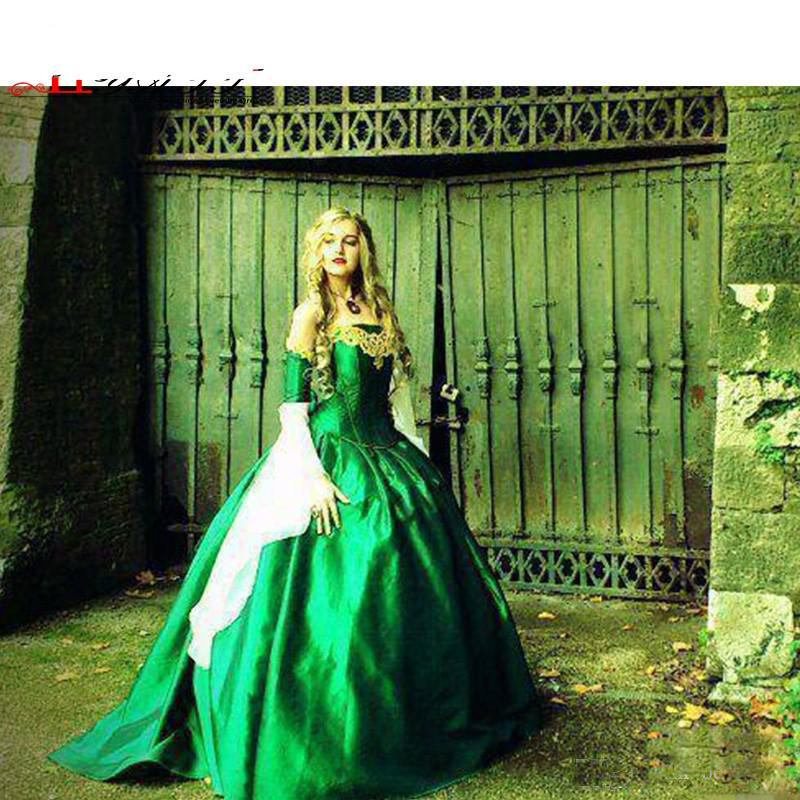2019 Gothic Wedding Dresses Halloween Victorian Bridal Gowns Long Sleeves Floor Length Corset Back Satin Hunt Green Wedding Gowns