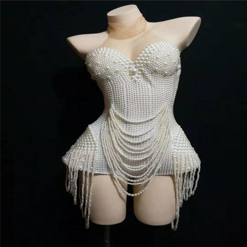 Y74 White Beading Sleeveless Bodysuit Party Pearl Stage Wear Dance Costumes Female Evening Dress Outfits DJ Short Jumpsuit Club Performance от DHgate WW