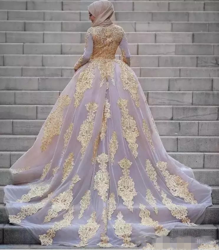 Blush Pink Muslim Dresses Dubai Long Sleeves Overskirt Tulle Gold Applique Sweep Train Custom Made Wedding Bridal Gown Plus Size
